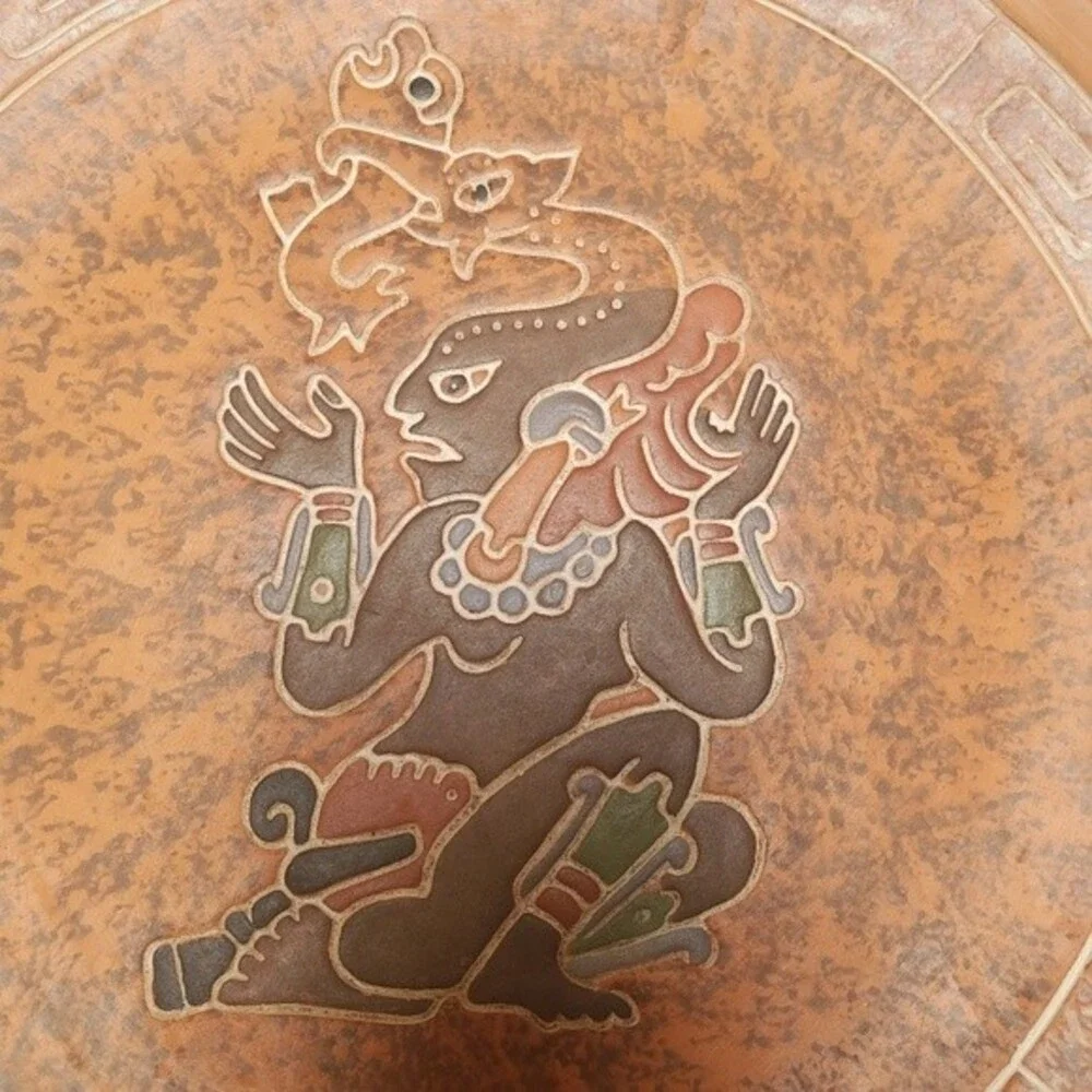 Vintage Mexican Pottery Plate Wall Hanger Aztec Mayan Snake Fish  - RARE
